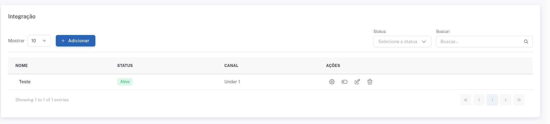 Visão geral da página de Integrações