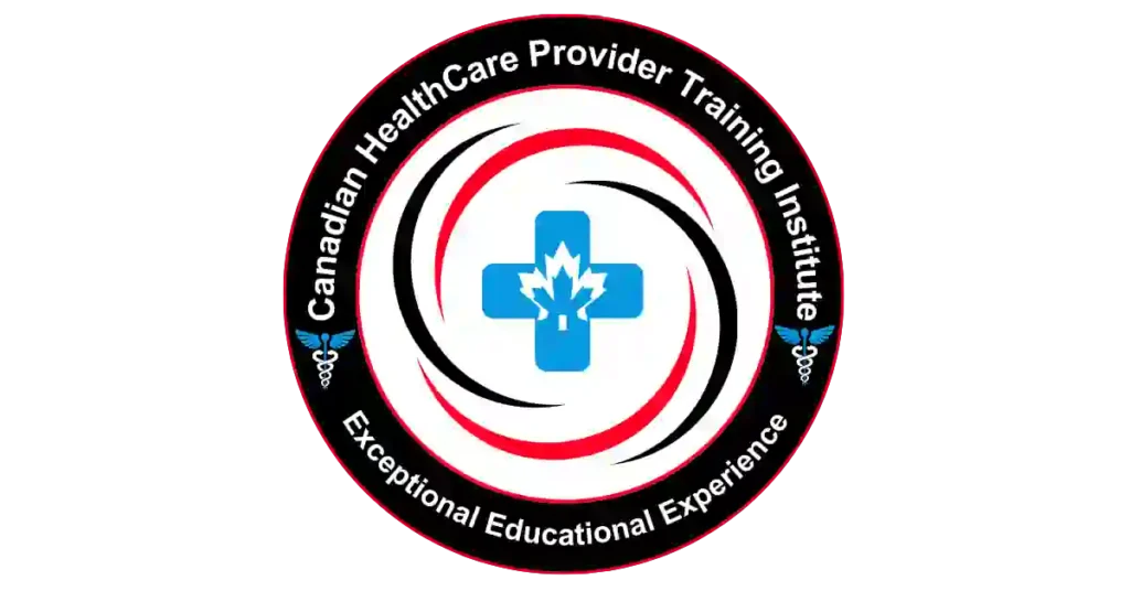 Logo for the Canadian Healthcare Provider Training Institute with a blue medical cross and leaf emblem, surrounded by red and black circular swirls and the motto 'Exceptional Educational Experience'.