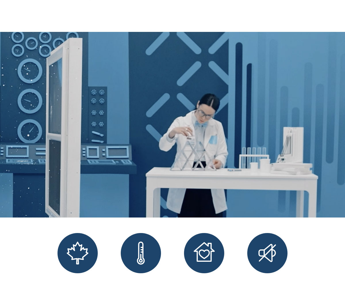 Image of window and woman sleeping on a table in a lab settings. Icons with Canada leaf, temperature, home and mute.